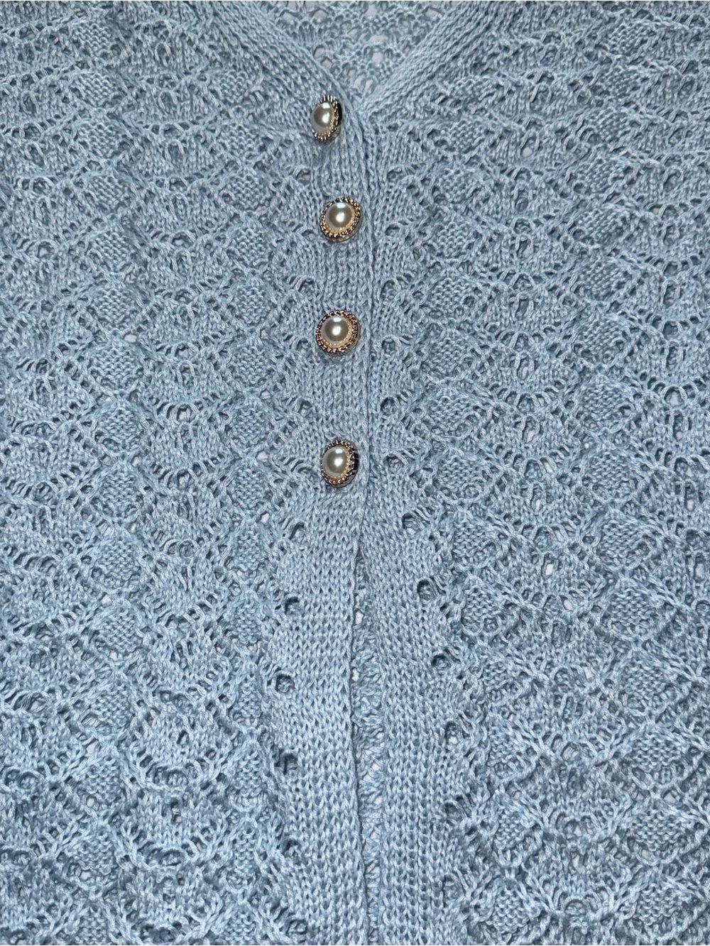 CBR Light Blue Bell Sleeve Crochet Knit Cardigan Size Small Boho 3 Button - Picture 6 of 9